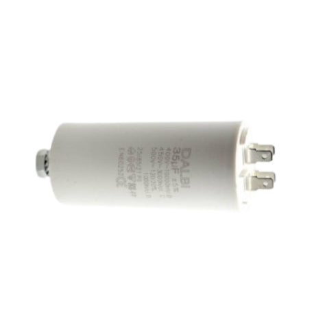 Condensator motor 35uF 450V vedere laterala, detaliu papuci tata si surub de prindere