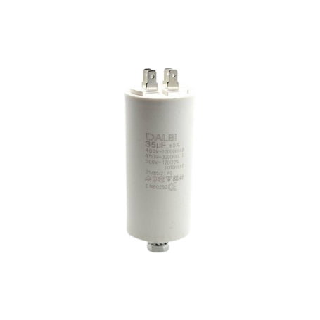 Condensator motor 35uF 450V vedere frontala, toleranta ±5%, carcasa cilindrica alba