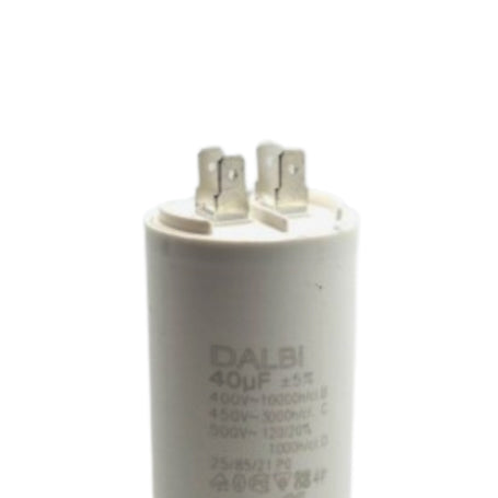 Condensator motor 40uF 450V AC detaliu eticheta si terminale superioare tip papuc tata