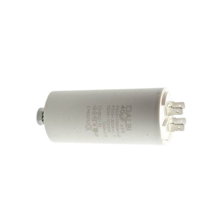 Condensator motor 40uF 450V AC vedere laterala, corp cilindric cu conexiuni metalice tip papuc