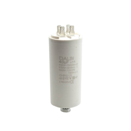 Condensator pornire motor 40uF 450V AC, carcasa cilindrica alba cu 4 papuci tata si surub fixare