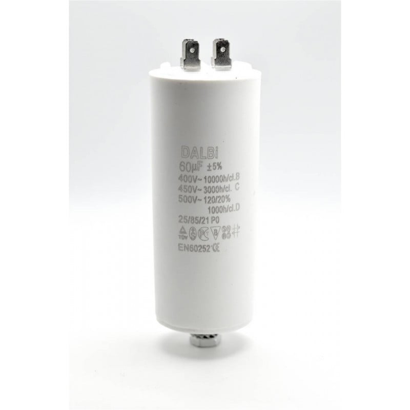 Condensator pornire motor 60uF 450V, carcasa cilindrica alba cu papuci tata, conform EN60252, durata 10000h
