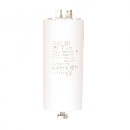 Condensator electric 250uF 450V AC cu eticheta tehnica vizibila si papuci de conectare superiori
