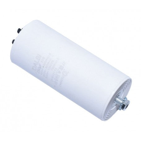 Condensator pornire motor 250uF 450V AC, vedere laterala cu surub de fixare si corp cilindric alb