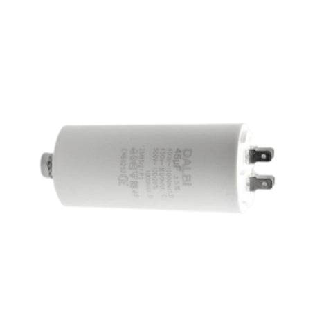 Condensator motor 45uF 450V, vedere laterala cu sistem de fixare surub