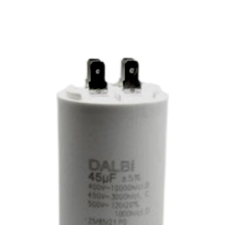 Condensator motor 45uF 450V, detaliu conectori tata superiori si inscriptii tehnice