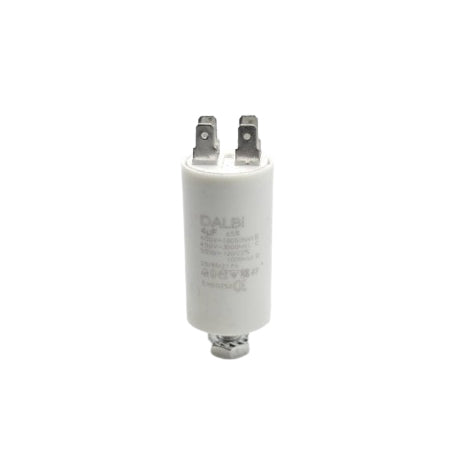 Condensator motor 4uF 450V AC, vedere frontala cu papuci si eticheta tehnica vizibila