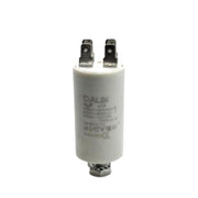 Condensator pornire motor 4uF 450V AC, carcasa cilindrica alba cu 4 papuci tip tata si surub de fixare