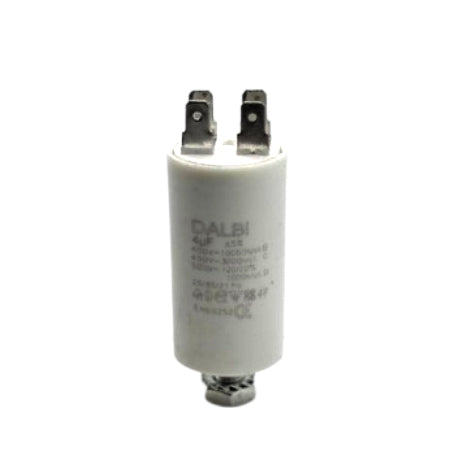 Condensator pornire motor 4uF 450V AC, carcasa cilindrica alba cu 4 papuci tip tata si surub de fixare