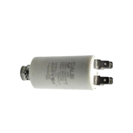 Condensator motor 4uF 450V AC vazut din lateral, cu conexiuni metalice si surub