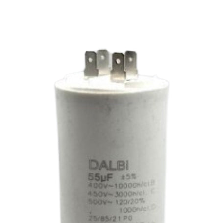 Condensator motor 55uF 450V, detaliu terminale metalice si eticheta cu specificatii tehnice
