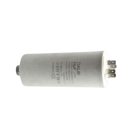 Condensator motor 55uF 450V, vedere laterala cu surub de fixare si carcasa cilindrica alba