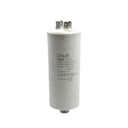 Condensator pornire motor 55uF 450V AC cu 4 papuci tip tata, carcasa cilindrica alba din plastic ignifug