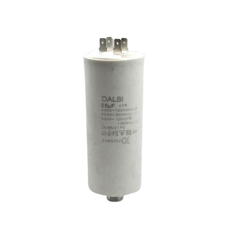 Condensator pornire motor 55uF 450V AC cu 4 papuci tip tata, carcasa cilindrica alba din plastic ignifug