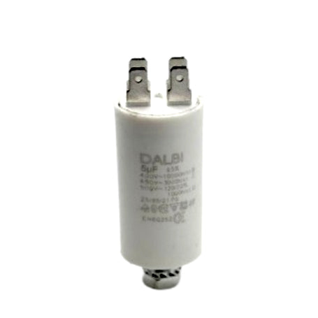 Condensator pornire motor 5uF 450V AC, corp cilindric alb cu papuci tip tata si surub de fixare