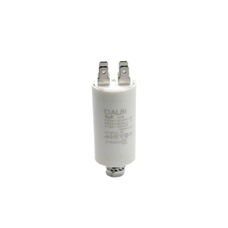 Condensator motor 5uF 450V AC, vedere frontala corp alb cilindric cu conectori metalici