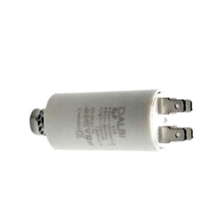 Condensator pornire motor 5uF 450V, vedere laterala cu papuci si surub de montaj