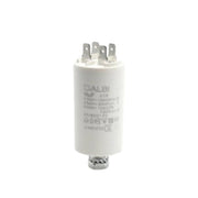 Condensator pornire motor 6uF 450V AC, conexiuni papuci tip tata, carcasa cilindrica alba cu surub de fixare