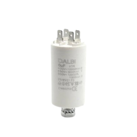 Condensator pornire motor 6uF 450V AC, conexiuni papuci tip tata, carcasa cilindrica alba cu surub de fixare