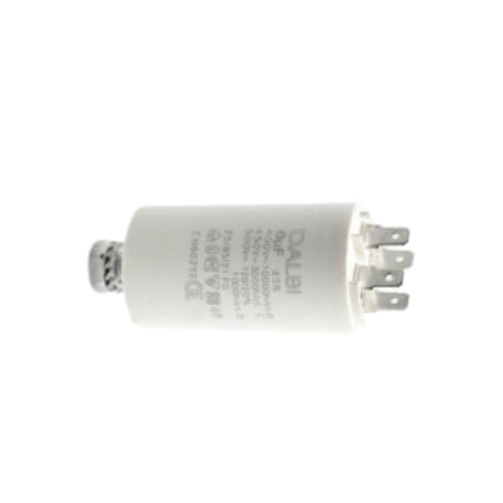 Condensator pornire motor 6uF, vedere laterala cu surub de fixare si papuci de conectare