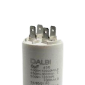 Condensator motor 6uF 450V, vedere frontala cu eticheta tehnica si terminale metalice