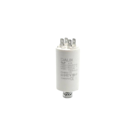 Condensator motor 6uF 450V AC, unghi trei sferturi, carcasa alba rezistenta cu terminale