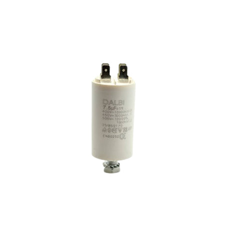 Condensator pornire motor 7,5uF 450V AC, vedere frontala cu eticheta tehnica vizibila