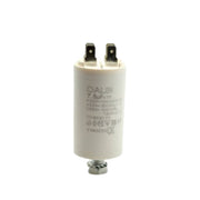 Condensator pornire motor 7,5uF 450V AC cu papuci tip tata si surub de fixare, corp cilindric alb