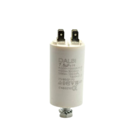 Condensator pornire motor 7,5uF 450V AC cu papuci tip tata si surub de fixare, corp cilindric alb