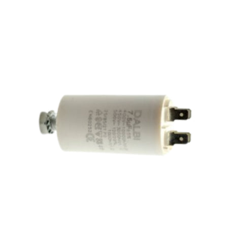 Condensator motor 7,5uF 450V AC vedere laterala, format compact cilindric cu surub de fixare