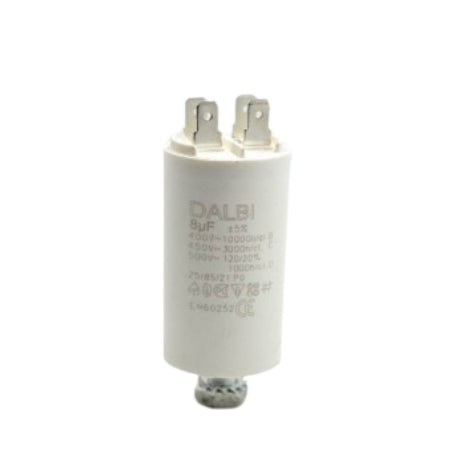 Condensator pornire motor 8uF 450V AC, conexiuni faston tip tata, design cilindric compact cu surub de fixare