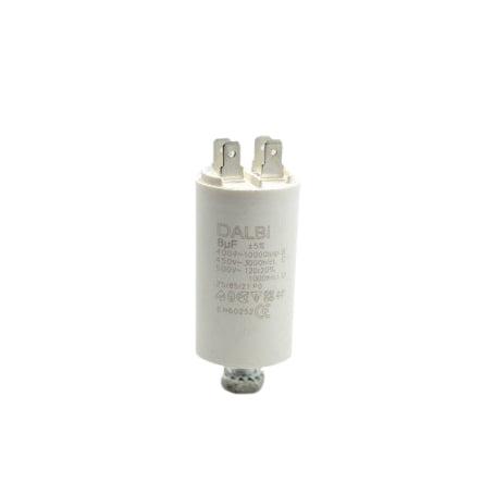 Condensator motor cilindric 8uF 450V AC, vedere frontala cu terminale metalice si piulita de montaj