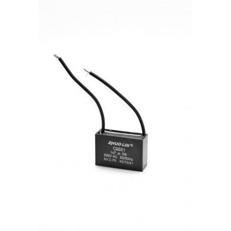 Condensator motor CBB61 1uF 500V AC, vedere laterala cu fire de conexiune