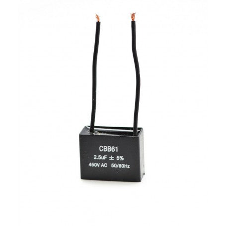 Condensator pornire motor 2.5uF 450V 50/60Hz, carcasa plastic negru cu doua fire de conectare
