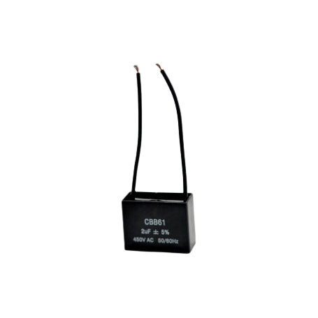 Condensator motor CBB61 2uF 450V AC, vedere laterala cu fire de conexiune