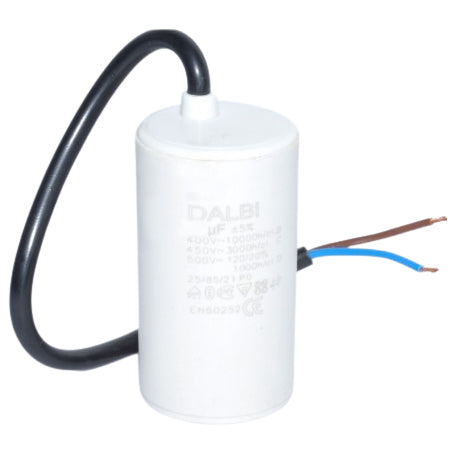 Condensator pornire motor 40uF 450V cu fire, carcasa cilindrica alba, compatibil compresoare si pompe