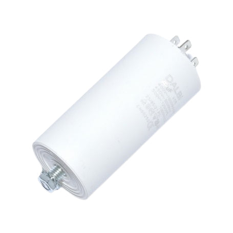 Condensator pornire motor 2,5uF 450V AC, corp cilindric alb cu papuci tip tata si surub de fixare