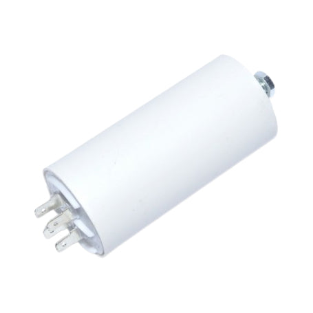 Condensator motor 1,5uF 450V AC vazut din unghi lateral, cu 4 papuci tata vizibili