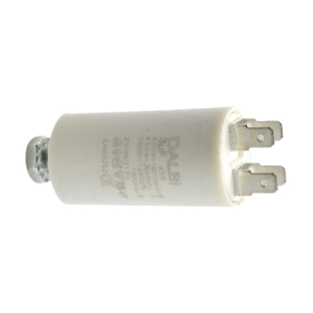 Condensator motor 3uF 450V vedere laterala, papuci metalici tip tata pentru conectare directa