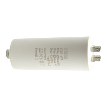 Condensator motor 70uF 450V vedere laterala, conexiuni rapide si surub de fixare