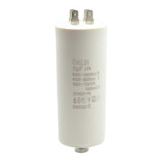 Condensator pornire motor 70uF 450V AC cu papuci tip tata, carcasa cilindrica alba, toleranta ±5%