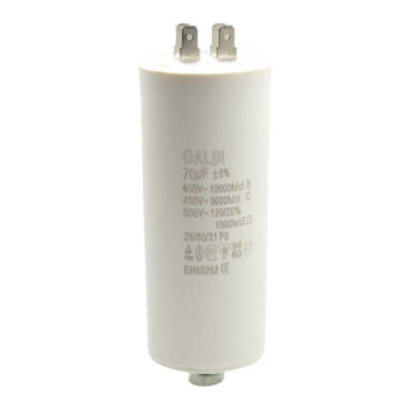 Condensator pornire motor 70uF 450V AC cu papuci tip tata, carcasa cilindrica alba, toleranta ±5%