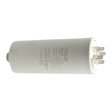 Condensator motor 80uF 450V AC, vedere laterala cu eticheta tehnica si papuci de conectare