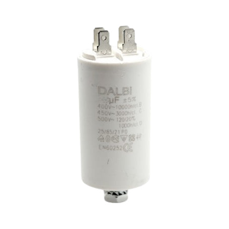 Condensator pornire motor 50uF 450V AC, carcasa cilindrica alba cu 4 conectori tip papa si surub de fixare
