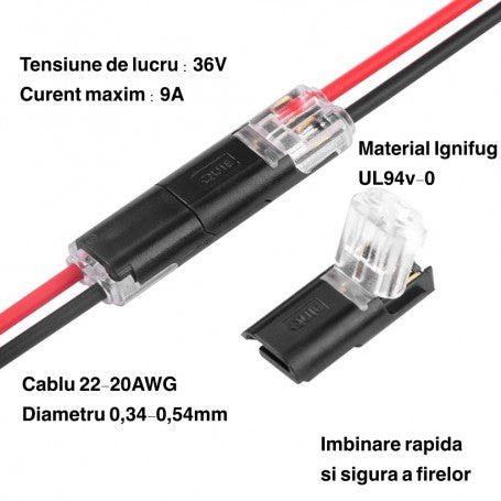 Conector rapid 2 pini cu specificatii tehnice: 36V, 9A, cablu 22-20 AWG, material ignifug UL94v-0