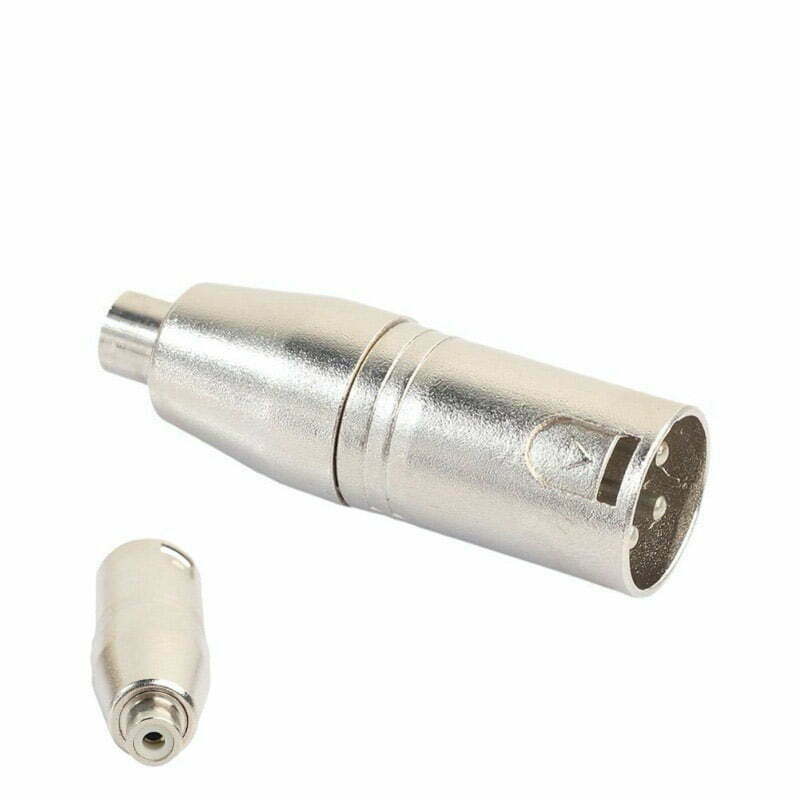 adaptor XLR tata - RCA mama din zinc nichelat, vedere completa cu mufa XLR 3 pini in prim-plan