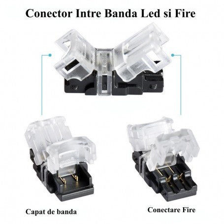Conector banda LED 8mm utilizare dubla: capat de banda si conectare fire de alimentare