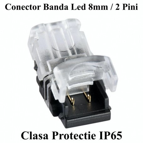 Conector banda LED 8mm, 2 pini, IP65, vedere frontala cu detaliu contacte