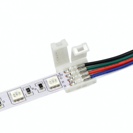 Conector clips 4 fire prins pe banda LED RGB 5050 de 10mm, detaliu contacte