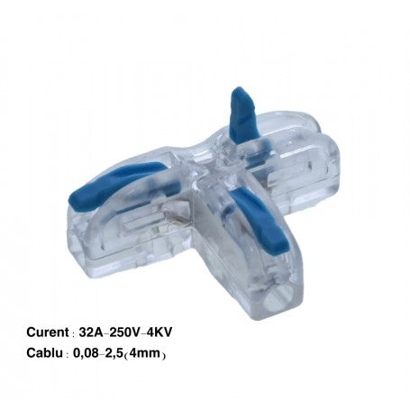Conector electric rapid cu specificatii 32A-250V, compatibil cablu 0,08-2,5mm², vedere din unghi cu manete albastre deschise